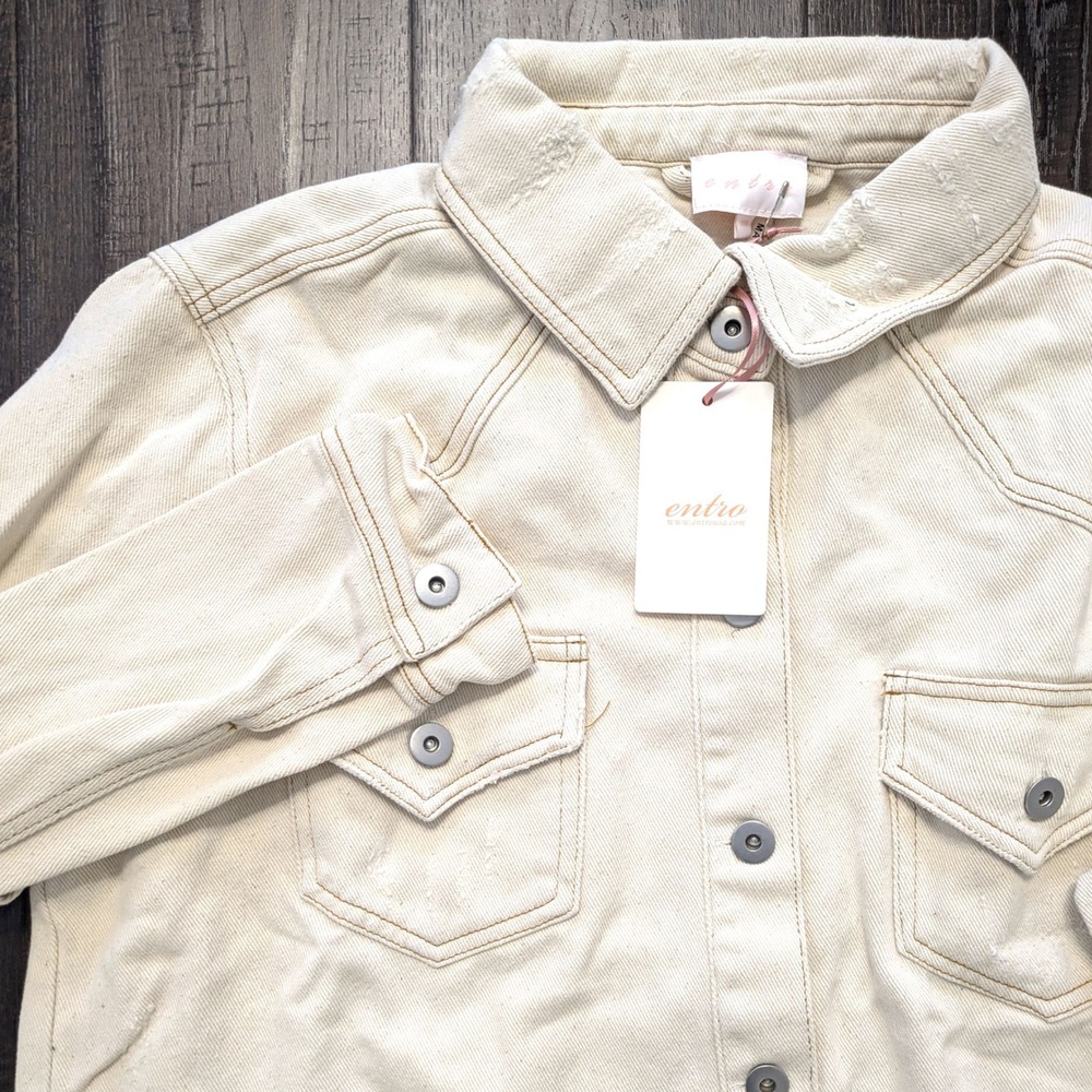 Entro Cream Distressed Denim Jacket Frayed Hem Off White Cotton J16397 Medium